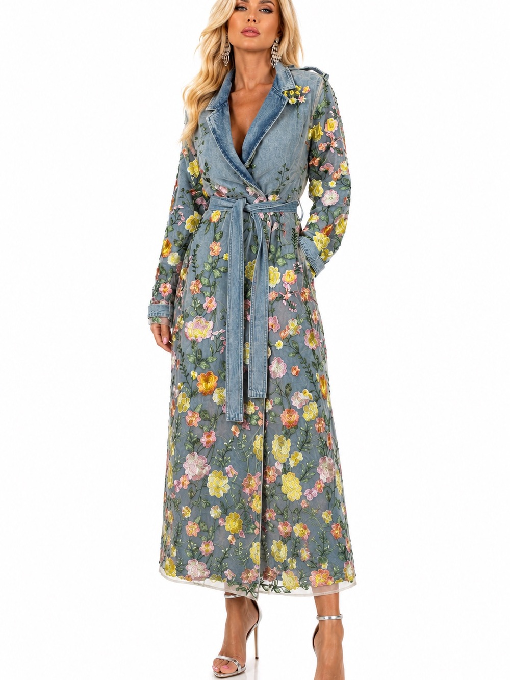 AKIRA Floral Embroidered Denim Maxi Duster Trench Coat NWT Size Small